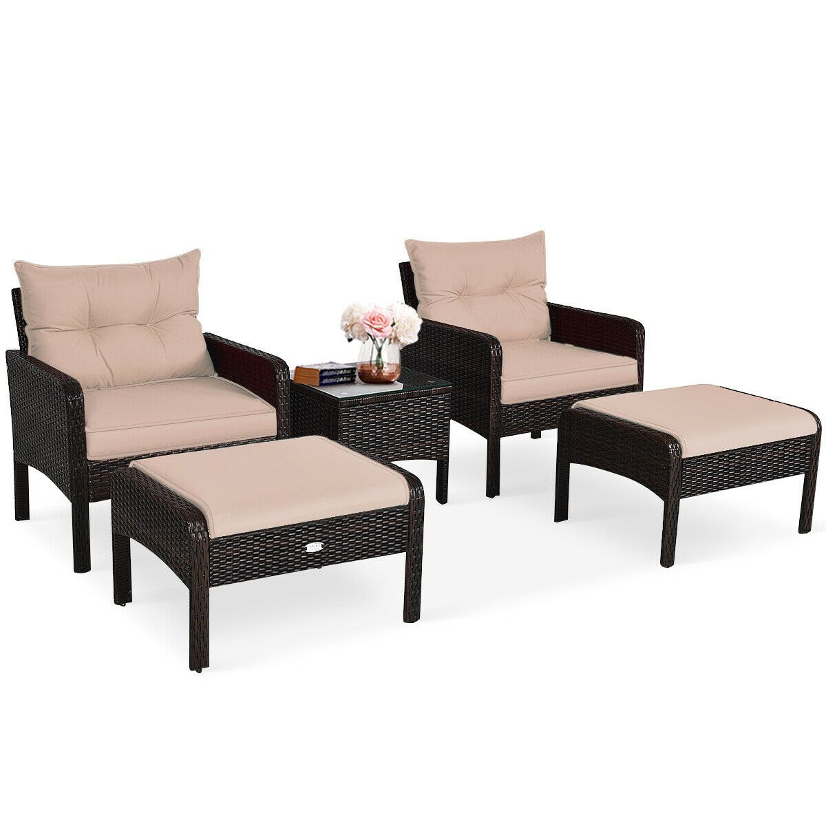 5 Pcs Rattan Sofa Cushioned Wicker Lounge Set